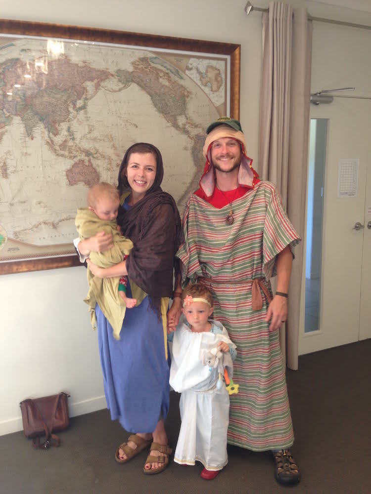 Family of four dressed up for Nativity Christmas skit