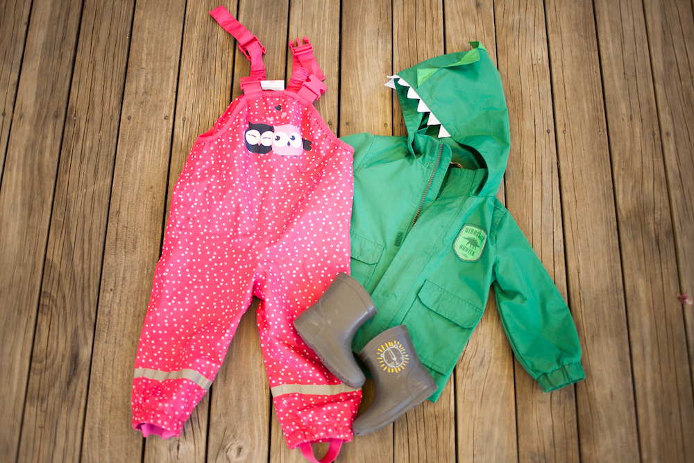 Rain overalls, jacket, and boots for baby shower gift ideas