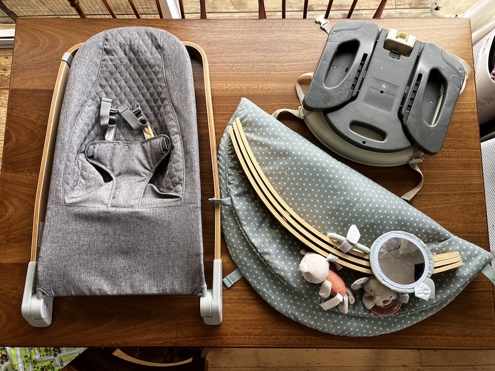 baby bouncer, activity gym, and booster seat