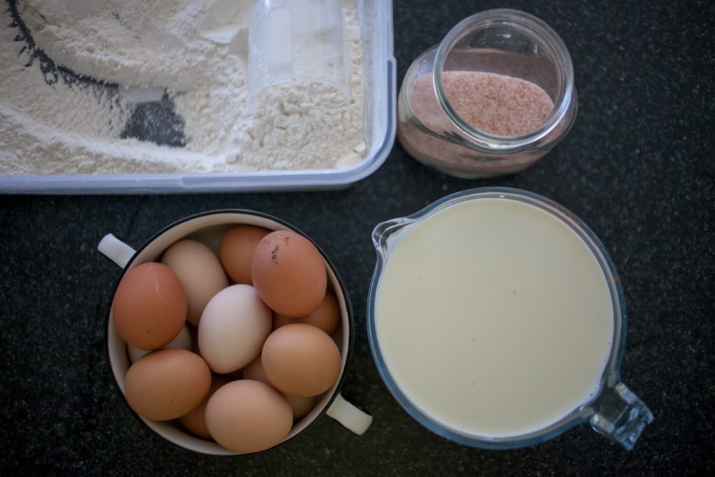 Sheet Pan Swedish Pancakes Ingredients of flour, salt, milk, and eggs