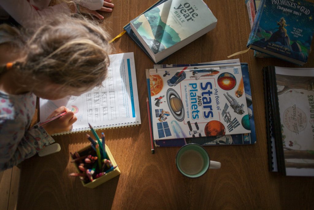 overhead picture of homeschool table with cup of coffee