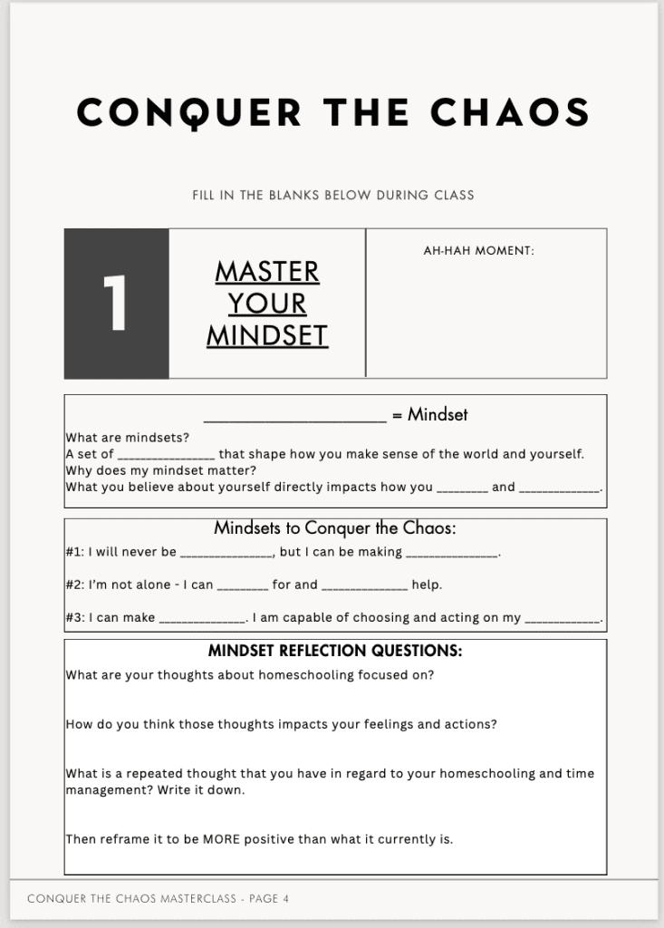 Mindset Strategies Page in Conquer the Chaos Workbook