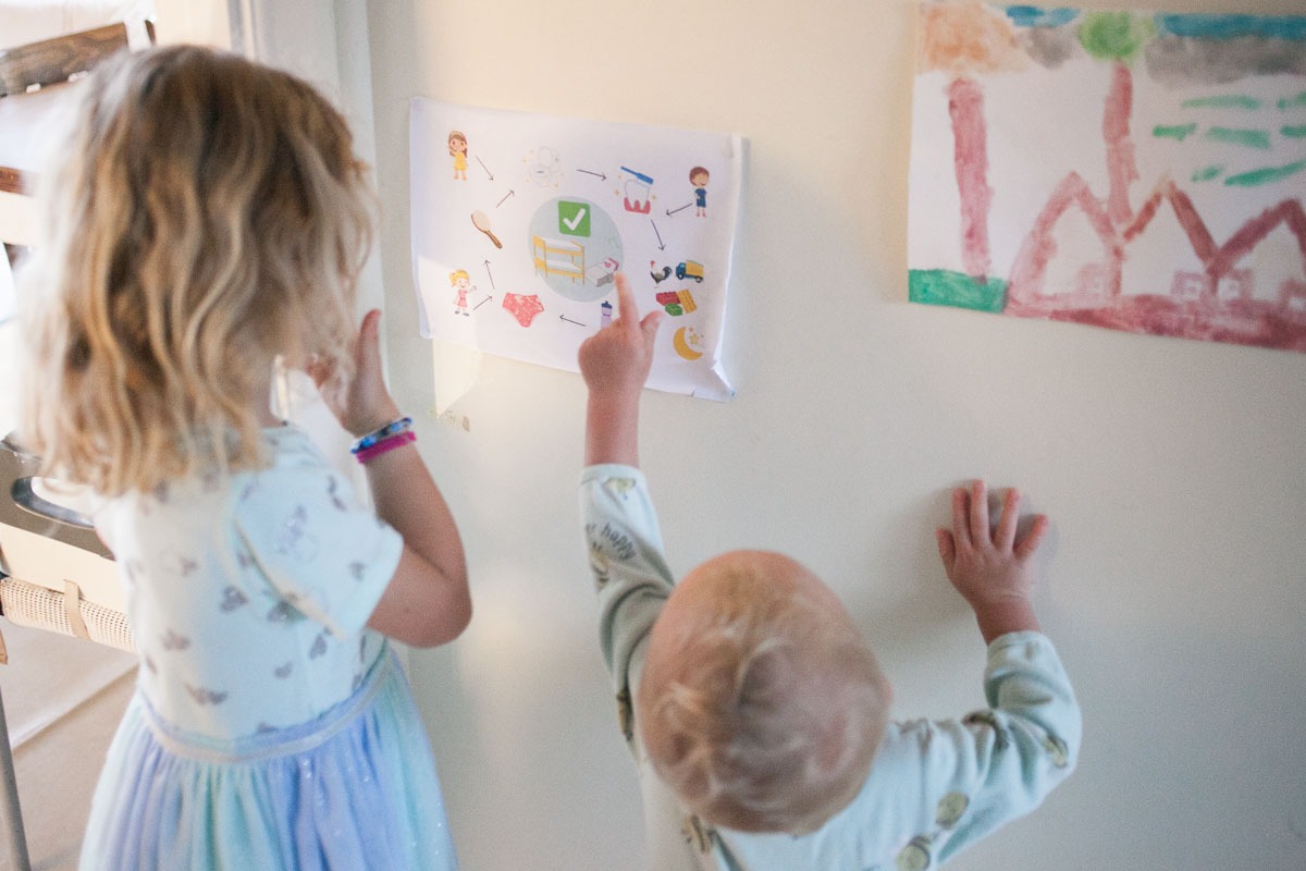 bedtime routine with multiple kids pointing at flow chart