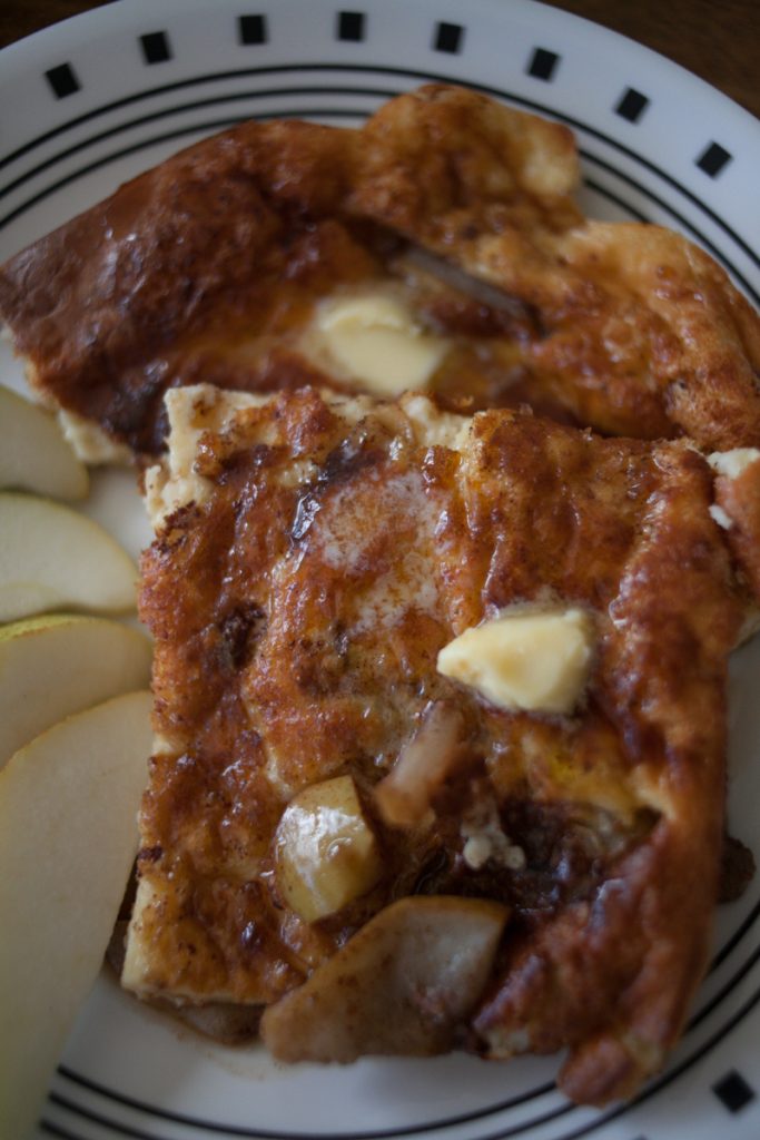 cozy winter breakfast oven baked pancake with spiced pear