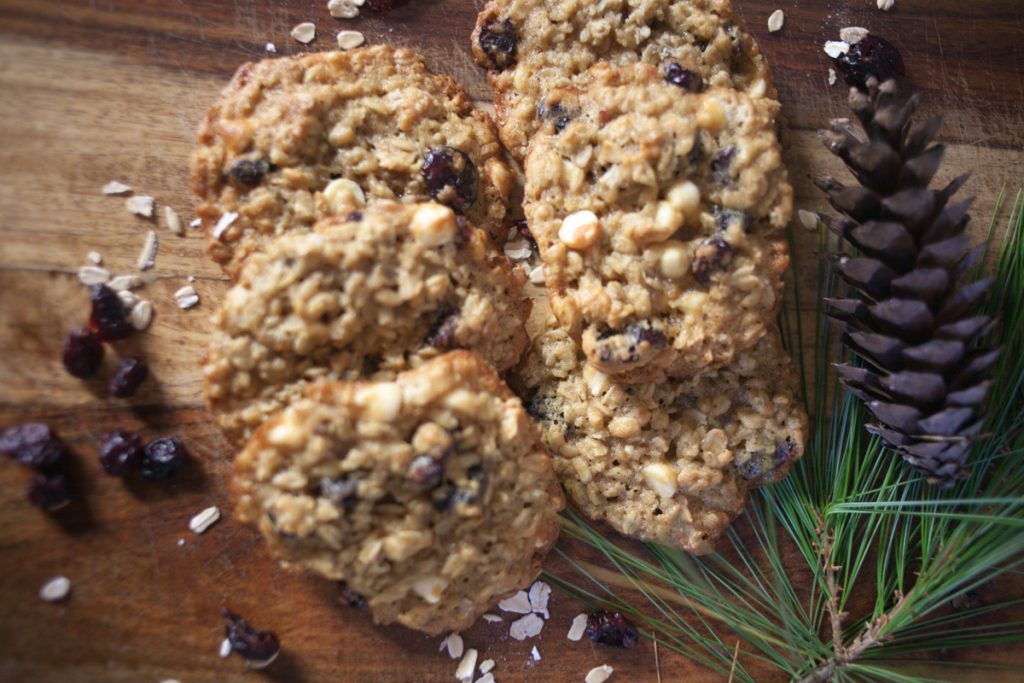 6 cranberry white chocolate chip cookies with pine cone and pine needs and craisins